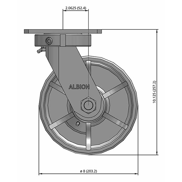 Side view drawing of caster with dimensions